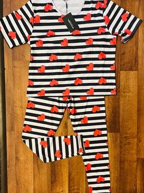 Pretty Little Thing Black & White Striped Pajama Set with Red Hearts